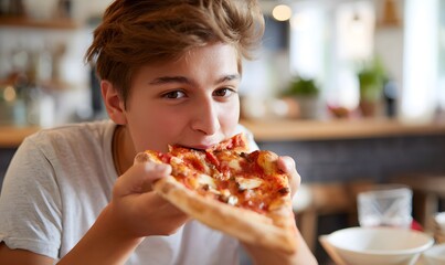 his hands he is holding a deliciuous pizza margherita. the teenager is biting into the whole pizza and looking at the pizza like he is surprised and full of love for the pizza