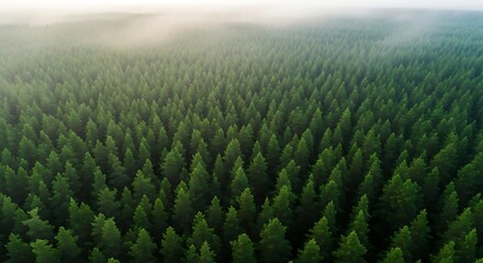 Aerial View of a Vast Evergreen Forest in Misty Morning