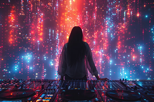 people of ai, party people silhouette of DJane with long hair in front on stage, red and blue lights, disco, event, music, techno, goa, trance, photorealistic