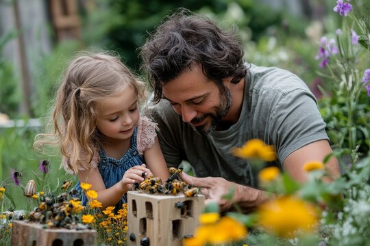 Father and daughter making a bug hotel or insect house outdoors in the garden, teaching about insects, biodiversity, and the importance of garden ecosystems, Generative AI