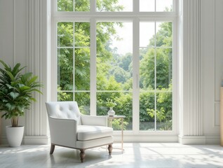 Bright Living Room with Large Window and Green View