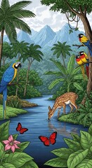 A vibrant illustration of a tropical landscape with parrots, a deer drinking from a river, butterflies, lush vegetation, and distant mountains.