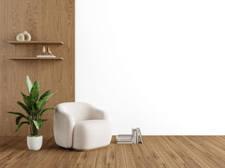 Rounded armchair with houseplant and wooden shelves on transparent background with floor shadow