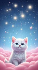 A fluffy white kitten sits amidst pink clouds under a starry blue sky with falling pink petals.