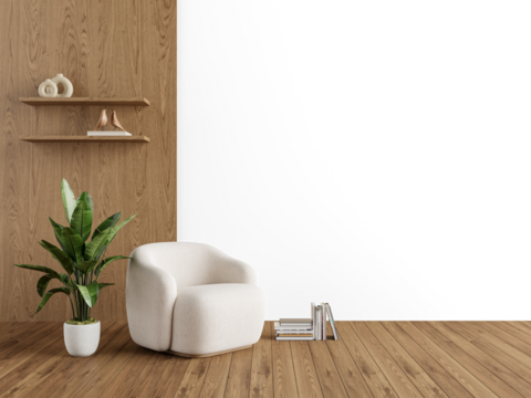Rounded armchair with houseplant and wooden shelves on transparent background with floor shadow