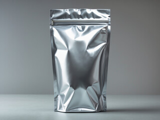 Silver foil stand-up pouch with a zipper seal on a plain gray backdrop. Ideal for showcasing product packaging mockups for food or other goods. Clean and professional.