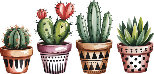 Watercolor Cactus and Succulent Plants in Decorated Pots, Isolated on White Background, Cute