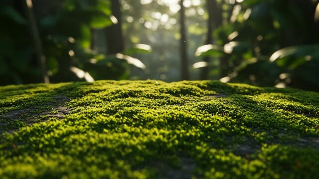 Close Up Of Green Moss Growing In A Lush Forest With Soft Light Casting Shadows On The Natural Surface For An Adobe Stock Photo