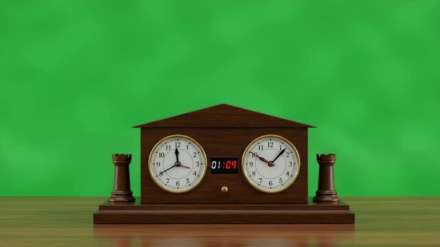 Elegant wooden chess clock on a vibrant green background