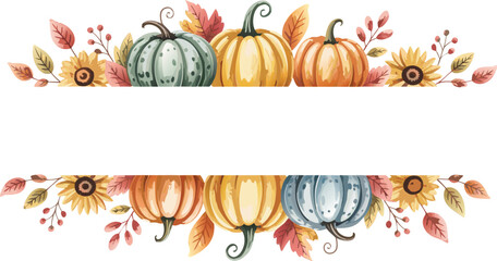 Watercolor Pumpkins and Sunflowers Fall Border Illustration, Autumn Themed Design with Copy Space
