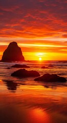 A vibrant sunset over the ocean, reflecting on the wet sand with rock formations silhouetted against the fiery sky.