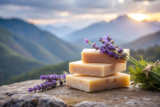 Natural soap bars with lavender in a mountain landscape