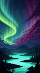 A vibrant aurora borealis dances above a tranquil river flowing through a forested valley beneath a starry night sky.