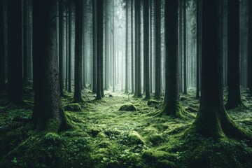 Naklejka premium Misty forest path, dense trees, mossy ground