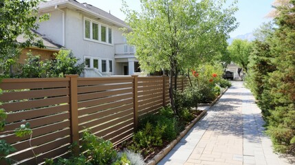 Fototapeta premium Sleek WPC fence panels with integrated privacy screen design in deep gray stretch across a backyard, backed by greenery under clear spring light. 