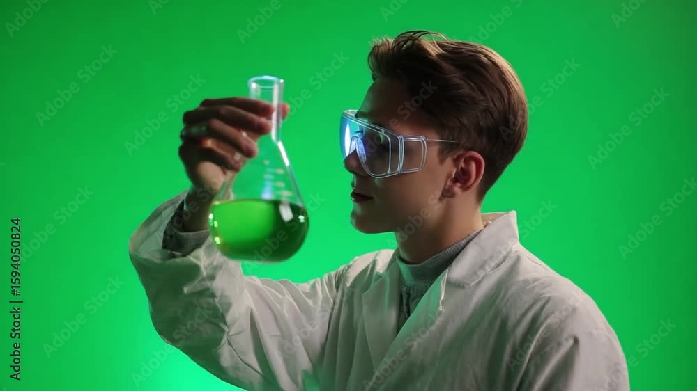 Poster science lab scene: a young scientist, meticulously examining a green solution within a laboratory fl