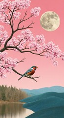 A bird rests on a branch of a blossoming cherry tree with a full moon in the pink sky above a serene landscape.