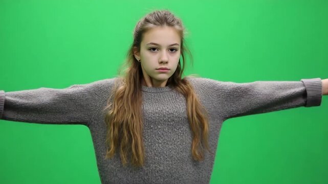 Green Screen Girl: A focused young girl with long hair and gray sweater, strikes a pose with arms outstretched against a vibrant green backdrop, ready for digital integration and creative projects.