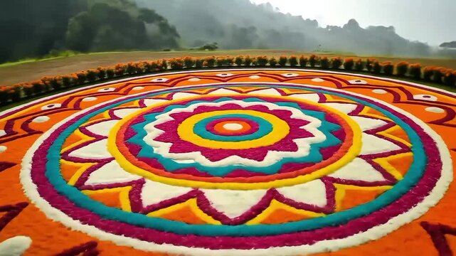 Puli kali celebration decor featuring large floral rangoli. Perfect for festive event decorations and traditional Indian cultural themes.