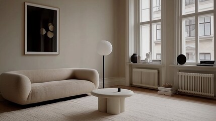 Soft Scandinavian Living Room with Beige Sofa and Modern Decorative Elements