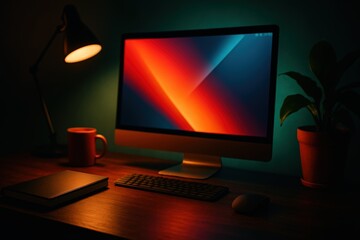 Modern Computer Desk Workspace with Desktop Monitor and Potted Plant in Dim Lighting