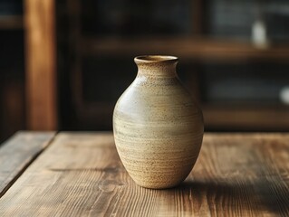 Close-up of an aged ceramic vase on a simple wooden table
