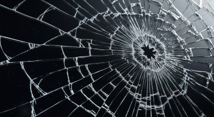 Obraz premium Shattered glass, radiating cracks, central impact point, dark background, broken, destruction.