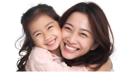  Asian mother and young daughter sharing a joyful hug, both laughing with wide open smiles, eyes slightly squinted with happiness 