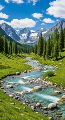 A clear mountain stream flows through a green valley, flanked by evergreen trees and snow-capped peaks under a blue sky with fluffy white clouds.