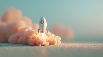 Rocket launching into the sky futuristic setting digital art vibrant colors aerial view innovation concept