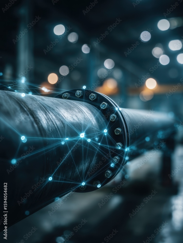 Poster industrial pipe installation with digital network visualization in a factory high-tech environment c