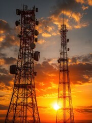 Obraz premium Telecommunication towers at sunset urban landscape photography dramatic sky wide angle connectivity and technology