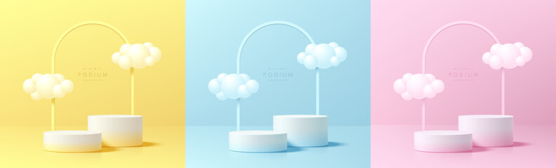 Set of 3D cylindrical podium in pink, yellow, blue background with arch frame, cloud floating. Minimalist mockup pedestal Abstract product display presentation, Stage showcase. Platforms vector design
