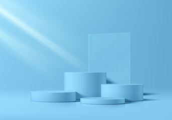 3D soft blue cylindrical podium set background with rectangle backdrop. Studio room. Minimalist mockup pedestal. Abstract stand product display presentation. Stage for showcase. Vector platform design