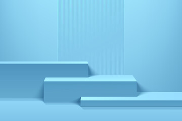 3D steps soft blue cubes podium background with glass square backdrop. Minimalist mockup pedestal. Abstract stand product display presentation. Stage for showcase. Platforms vector geometric design.