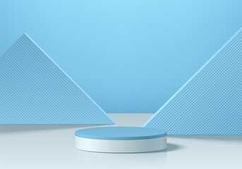 3D blue, white cylindrical podium background with triangle backdrop scene. Minimalist mockup pedestal. Abstract stand product display presentation, Stage showcase. Platforms vector geometric design.