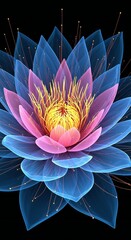 A vibrant, stylized lotus flower with translucent blue petals, pink accents, and a golden yellow center, set against a dark background.