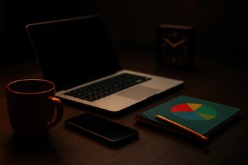 Work Desk with Laptop Smartphone Notebook Chart and Coffee Mug in Dim Lighting