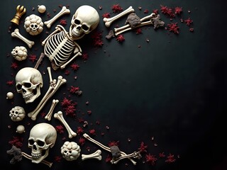 Skeleton Style Showcase: Skeleton decorations, bones, and skull-themed items scattered on the left side of a pitch-black background. Bone-white contrast with faint blood-red accents.