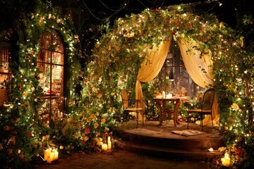 Romantic garden gazebo, lit by warm lights, adorned with flowers and soft fabrics