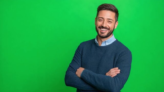 A confident person against a green backdrop: The photograph displays a poised man with arms crossed, set against a vibrant green background, suggesting versatility for creative applications.