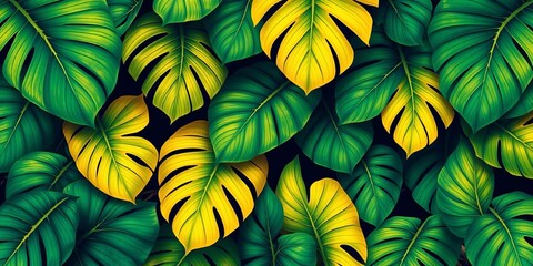 Large tropical leaves wallpaper pattern in vibrant greens and yellows, botanical, room