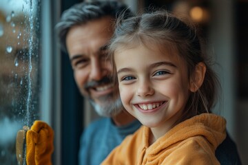 Obraz premium Happy girl with her father cleaning windows at home, sharing the task of daily chores in a fun and collaborative way, promoting family cooperation, Generative AI