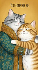 Two happy, anthropomorphic cats embracing; one wearing an ornate teal and gold robe, with the phrase "You Complete Me" above them.