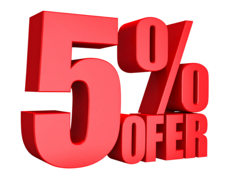  Curved Red 3D 5% Offer Label with Sticker Effect Isolated Transparent Background PNG