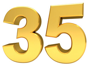 Fototapeta premium Floating 3D Golden Number 35 with Soft Glow and Reflective Surface Transparent Background PNG