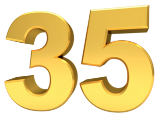  Floating 3D Golden Number 35 with Soft Glow and Reflective Surface Transparent Background PNG