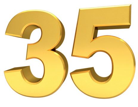  Floating 3D Golden Number 35 with Soft Glow and Reflective Surface Transparent Background PNG