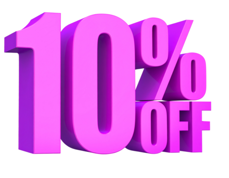 Floating 3D 10% OFF Text with Purple Gradient and Curved Layout, Isolated Transparent Background PNG
