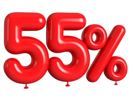 Floating Red Balloon Style 3D 55% Discount Label, Transparent Background PNG